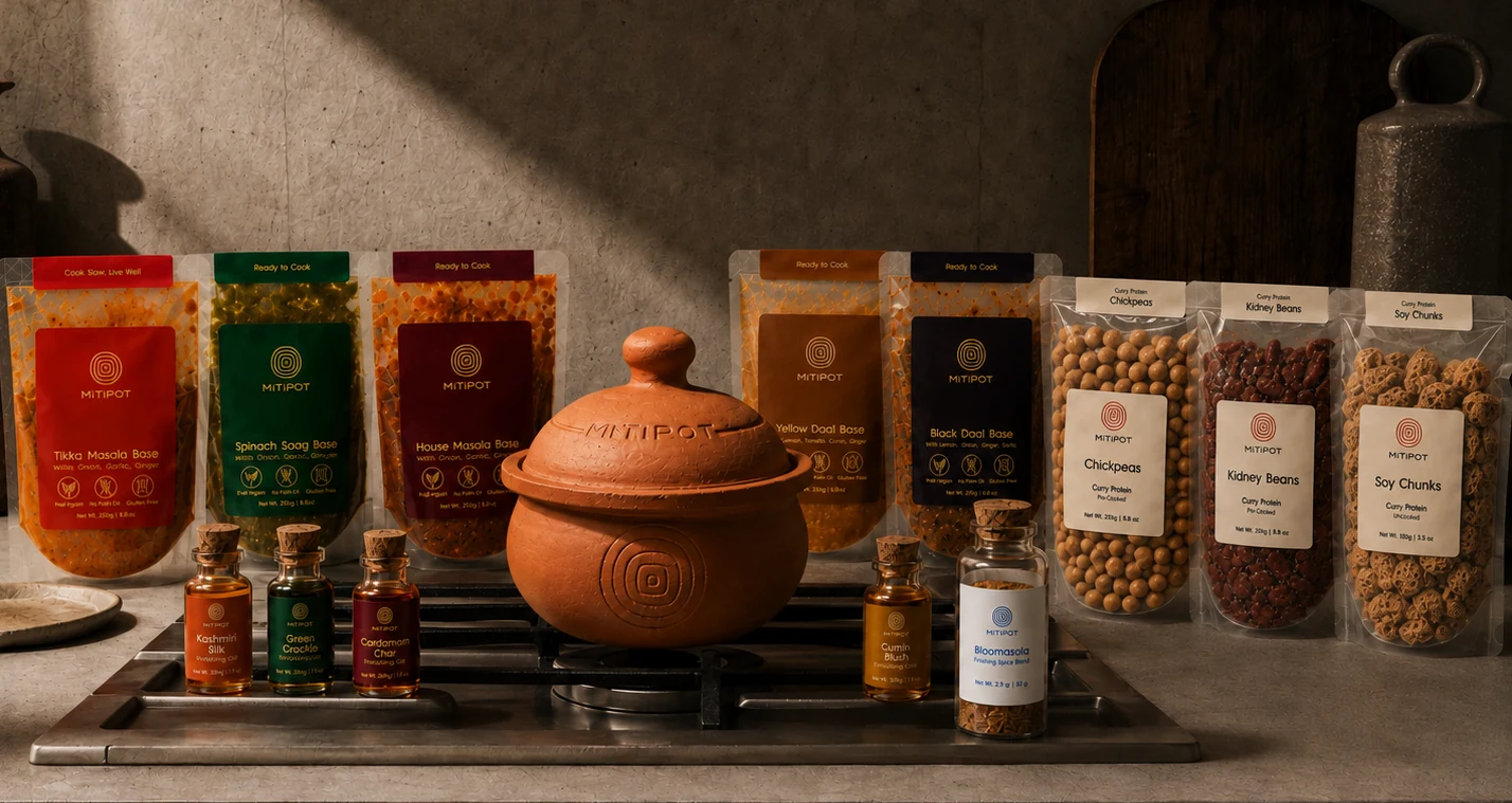The complete Mitipot system — the clay pot on the stove with all five bases, three proteins, four finishing oils and Bloomasala